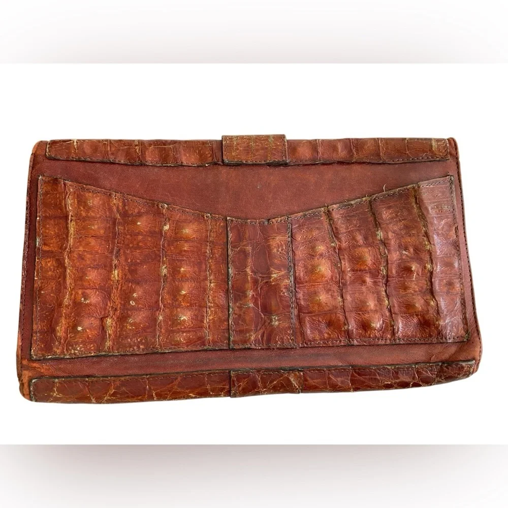 Vintage Brown Crocodile Alligator Leather Clutch Silver Buckle